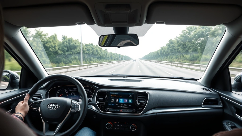 Dashboard view from driver's seat showing advanced infotainment screen and steering wheel controls, vehicle moving on highway, natural lighting