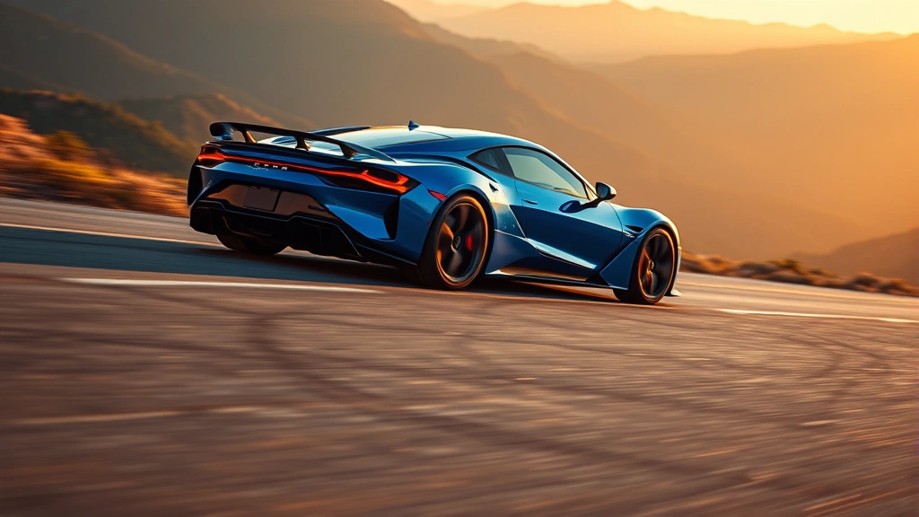 High-performance electric sports car in vibrant blue with aggressive aerodynamic lines, photographed on winding mountain road at golden hour with blurred landscape background