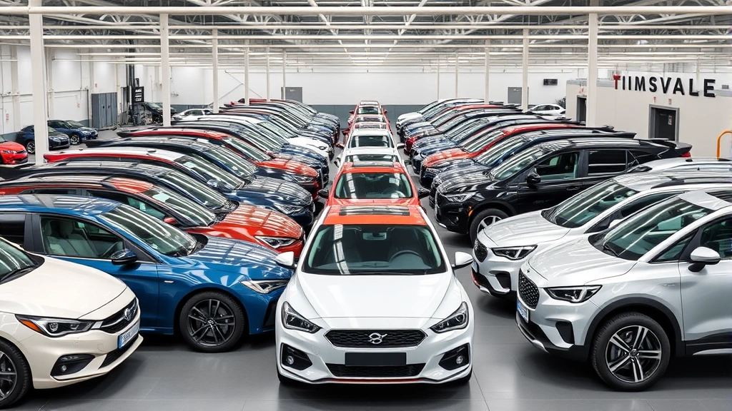 Multiple car models parked in organized row at automotive testing facility, showcasing diverse vehicle categories from sedans to compact SUVs, professional photography setup