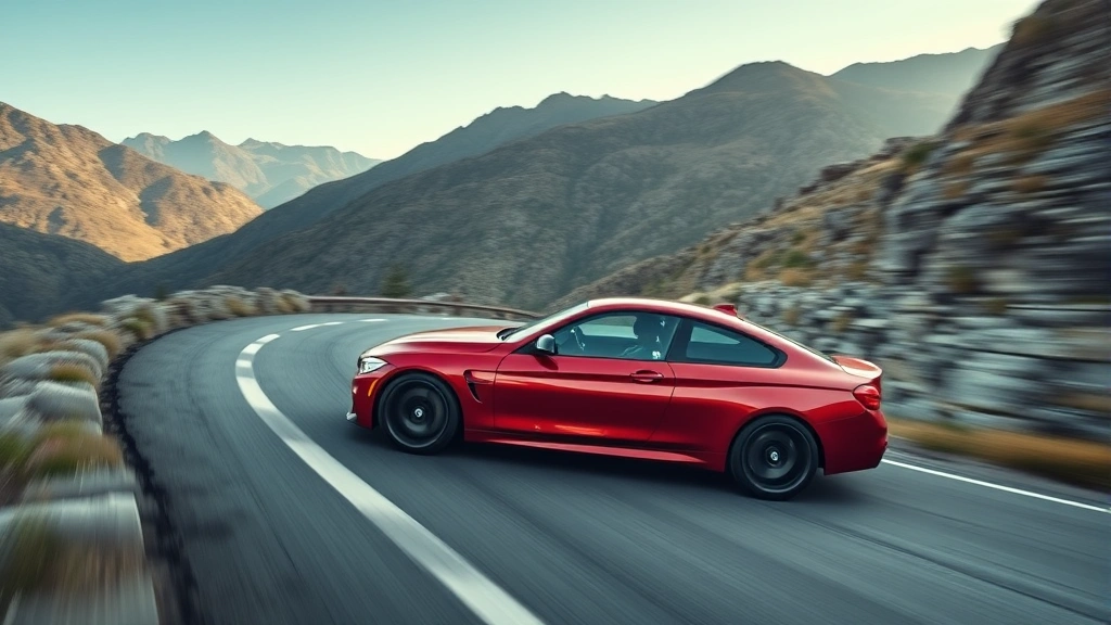 Red BMW M440i xDrive performance sedan on winding mountain road, dynamic motion blur, professional automotive photography, sports car styling details