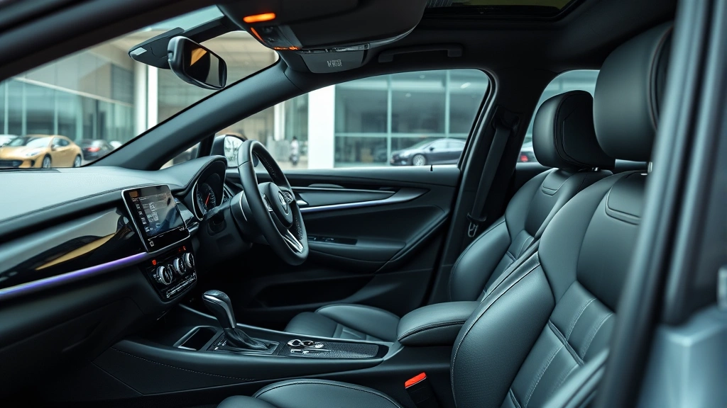 Close-up of sedan interior dashboard and steering wheel, premium leather seats and modern infotainment display, soft ambient lighting highlighting quality materials