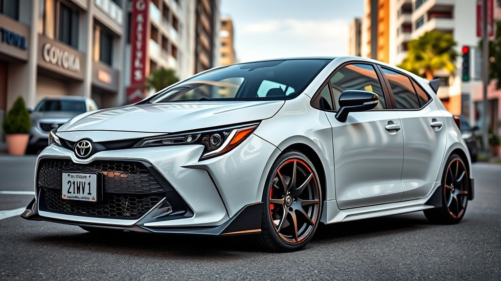 Toyota GR Corolla hot hatch in white, three-quarter front view, aggressive body kit, sport wheels, urban street setting, vibrant daylight photography