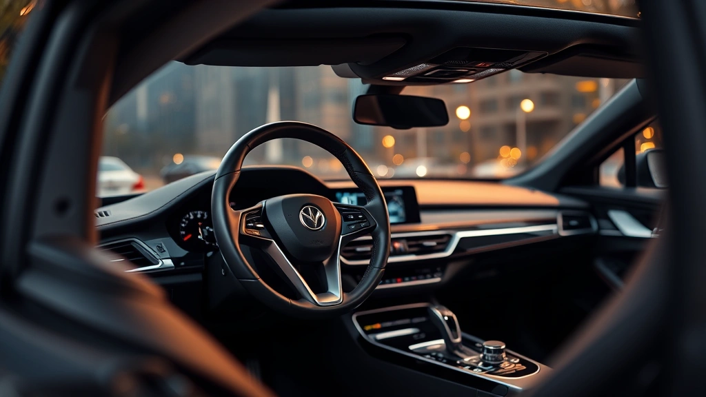 Luxury sedan interior showing premium dashboard materials, leather steering wheel, modern infotainment screen, soft ambient lighting, refined cockpit design, close-up detail shot
