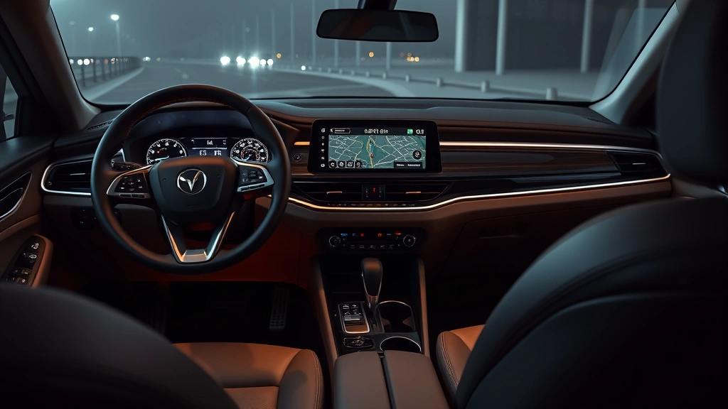 2024 midsize SUV interior dashboard and steering wheel, premium leather upholstery, illuminated infotainment screen showing navigation map, ambient interior lighting, modern minimalist design, high-quality interior materials visible, no readable text on displays