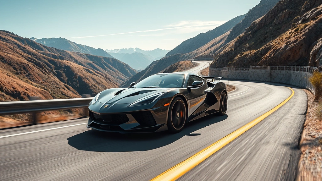 High-performance sports car on winding mountain road, dynamic angle, professional photography, clear sky, sharp focus on vehicle design