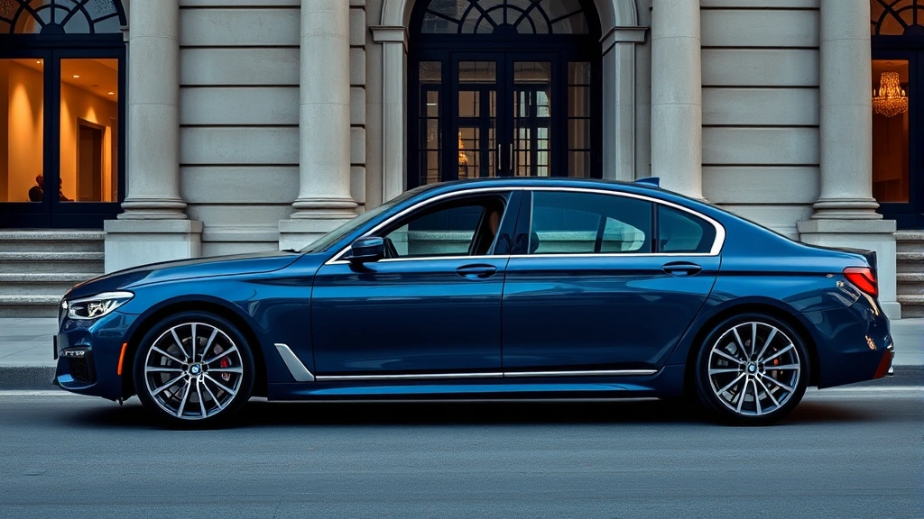 BMW 7 Series luxury sedan in metallic blue, side profile view, premium leather interior visible through windows, elegant architectural background, high-end automotive aesthetic