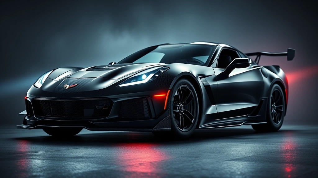 Chevrolet Corvette Z06 mid-engine supercar in dramatic lighting, aggressive front fascia, carbon fiber body panels, racing-focused stance