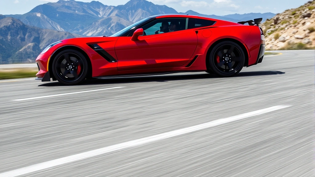 Red Chevrolet Corvette Z06 mid-engine sports car captured in dynamic motion on empty mountain road, showcasing aggressive aerodynamic design, low stance, and performance-oriented stance