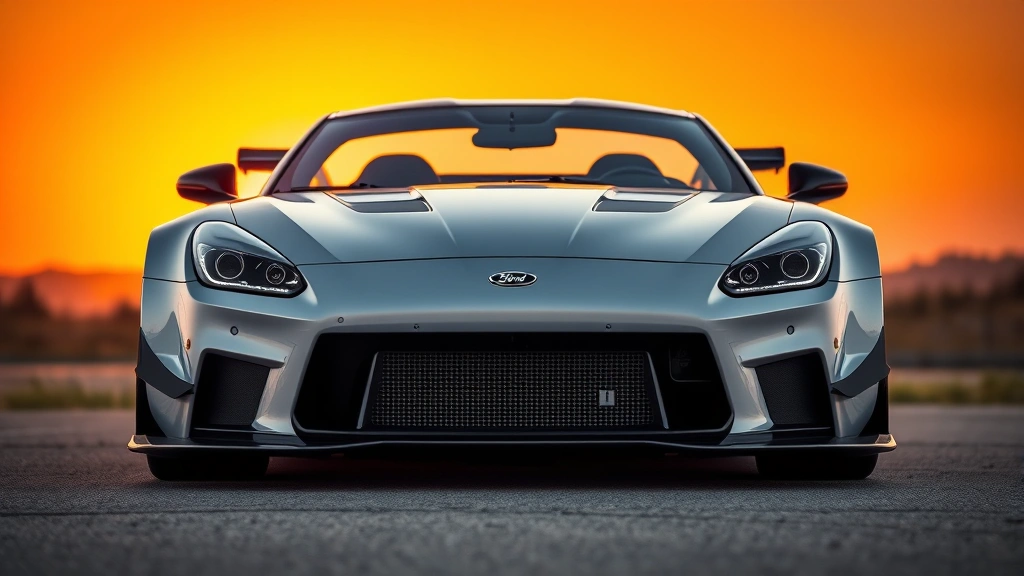 Sleek sports car with aggressive front grille, racing-inspired aerodynamics, and distinctive headlights photographed against sunset backdrop