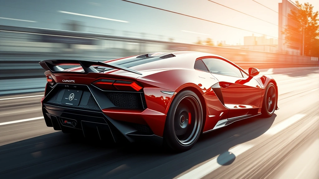 High-performance sports car with aggressive aerodynamics, low stance, carbon fiber accents, photographed from dynamic three-quarter angle with blurred background motion