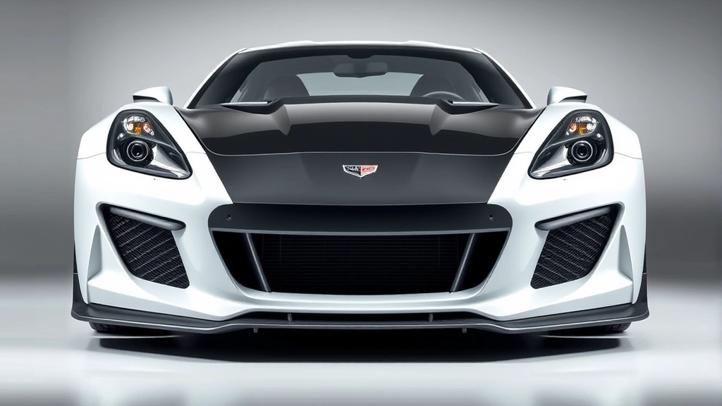 High-performance sports car photographed from three-quarter front angle, sleek aerodynamic curves, aggressive front grille, wide stance, professional studio lighting, pristine condition