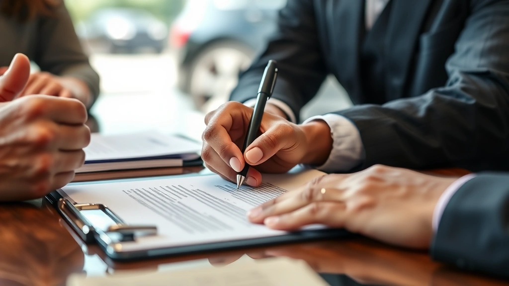 Close-up of diverse hands signing vehicle purchase contract with pen at dealership desk, documents and clipboard visible, professional atmosphere, natural daylight