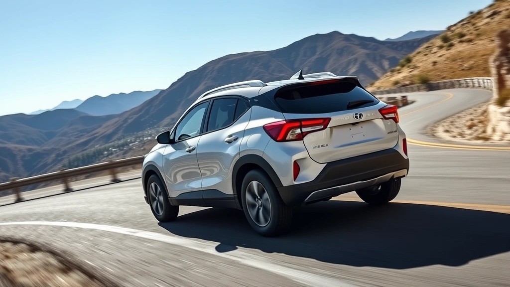 Dynamic driving shot of compact SUV on winding mountain road with clear sky, vehicle positioned mid-corner showing suspension response, professional automotive photography without visible text or badges