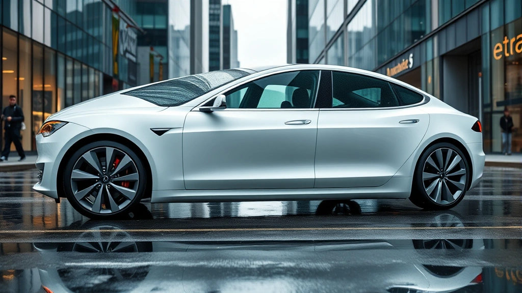 A cutting-edge 2024 Tesla Model S Plaid in pearl white multi-coat finish positioned on a modern urban street with glass buildings reflecting in the wet pavement after rainfall, emphasizing its minimalist design and aerodynamic profile