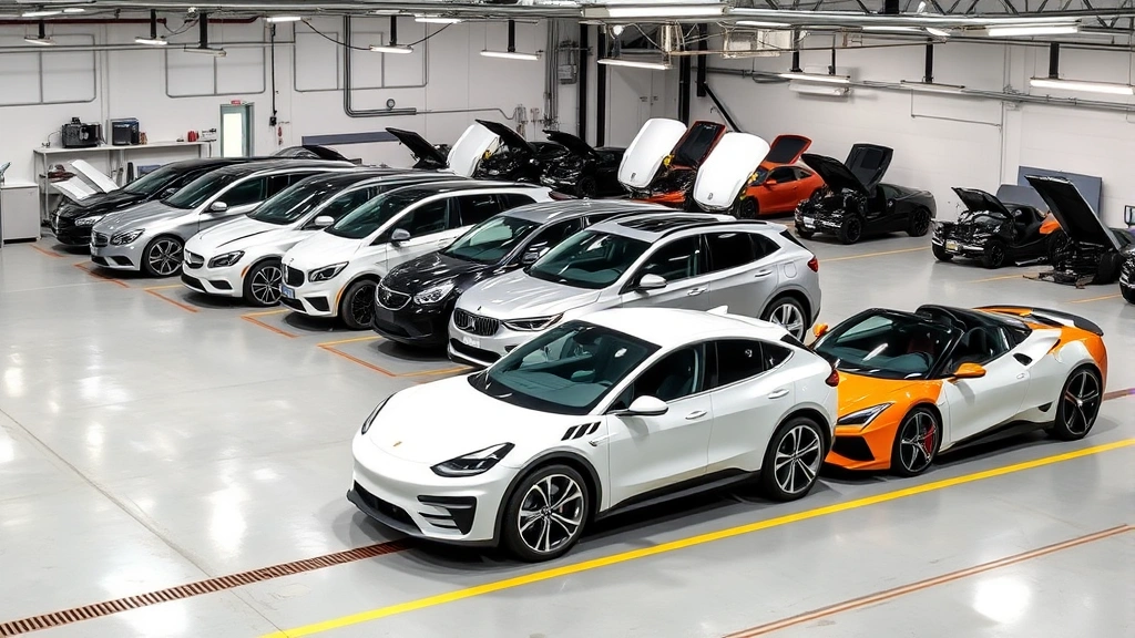 Lineup of diverse vehicles including sedan, SUV, electric car, and sports car parked in organized automotive testing facility environment
