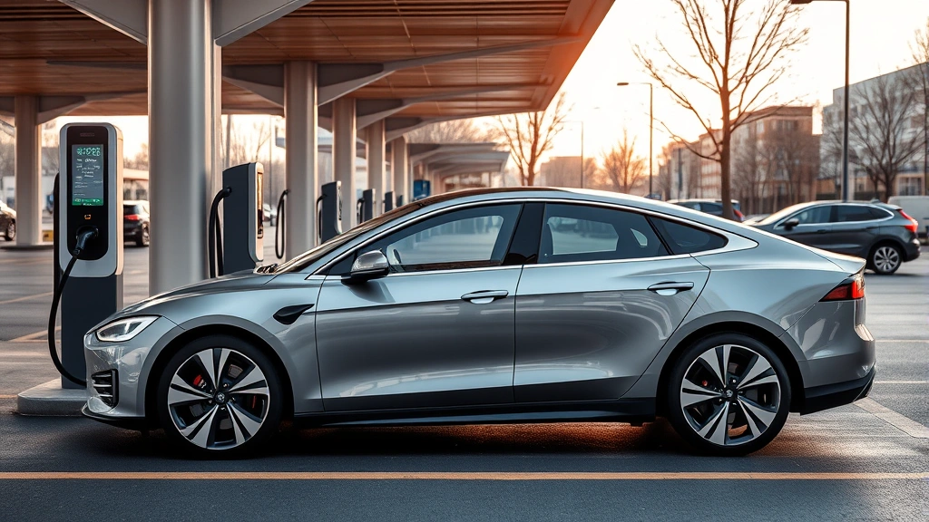 Modern electric vehicle charging at public station, sleek sedan profile with aerodynamic design, contemporary urban charging infrastructure background