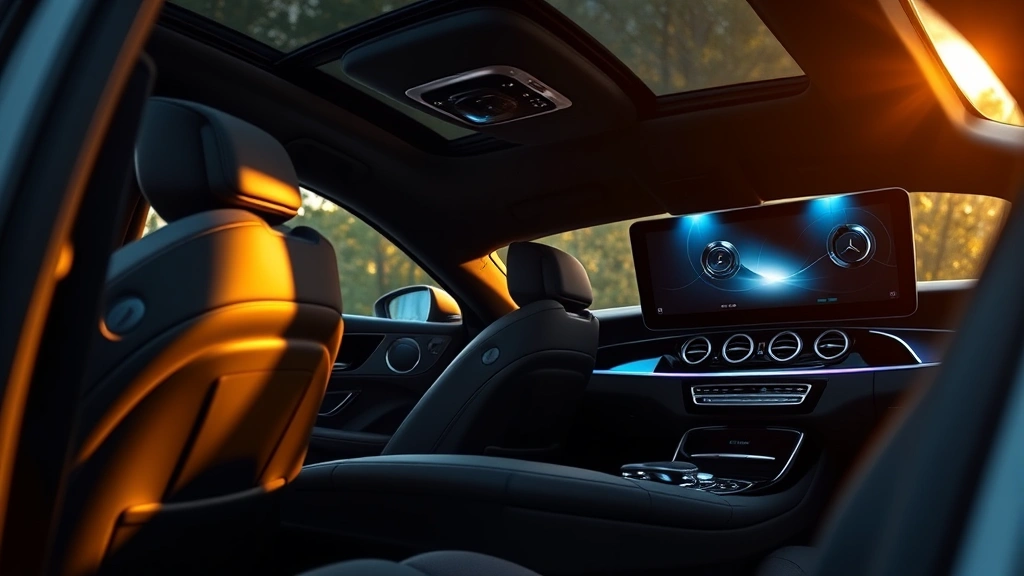 Luxurious Mercedes-Benz C-Class interior detail showcasing premium leather seats, ambient lighting, and curved digital display technology in soft golden light
