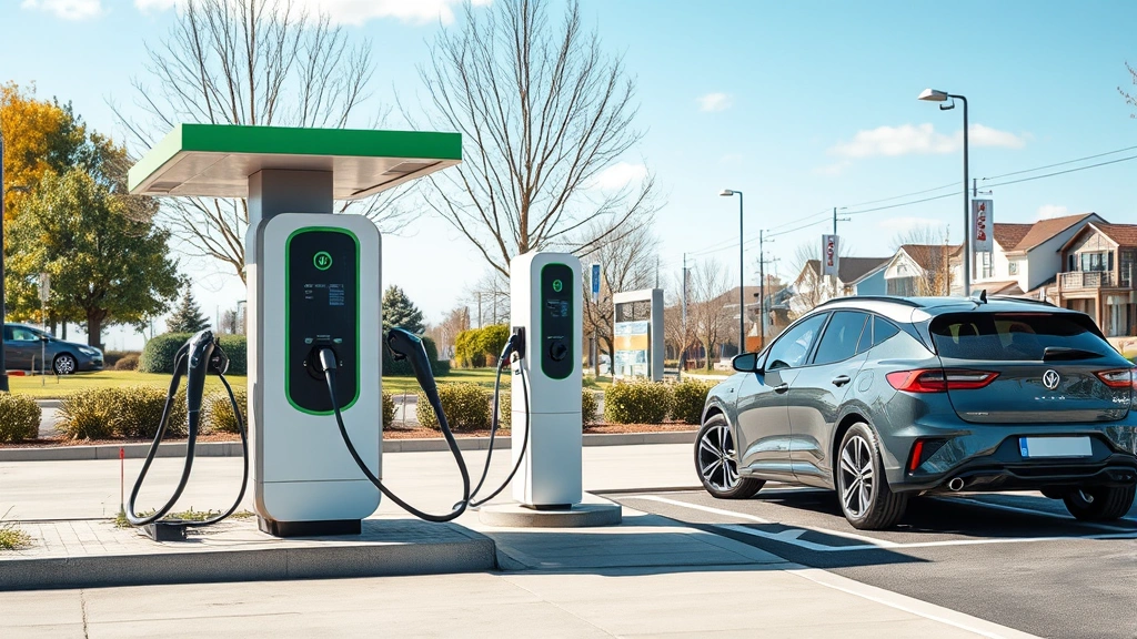 Electric vehicle charging at public charging station with modern design, natural daylight, and suburban background