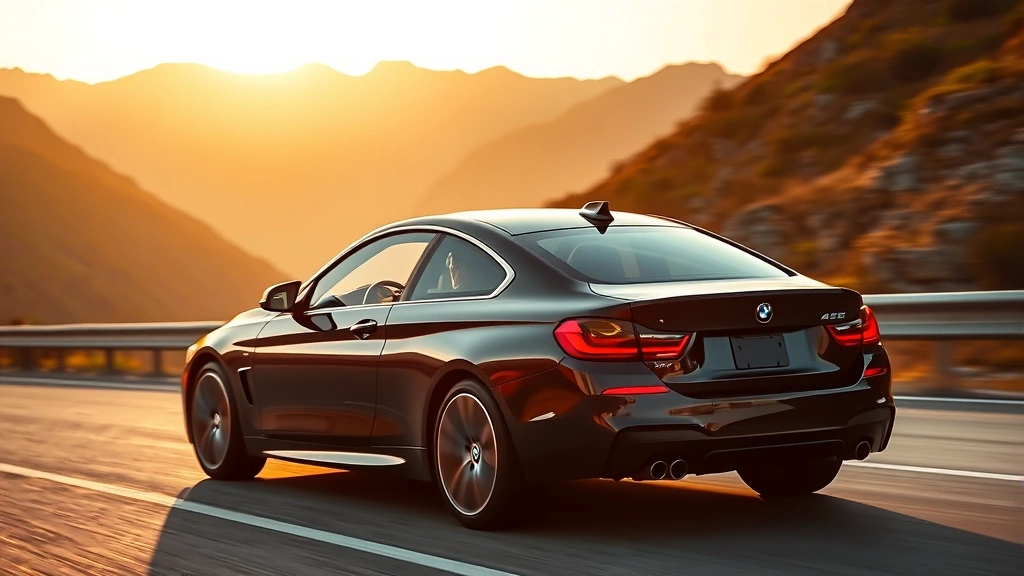 Luxury black BMW i4 luxury sedan driving on scenic mountain highway, premium interior visible through windows, professional automotive photography, golden hour lighting