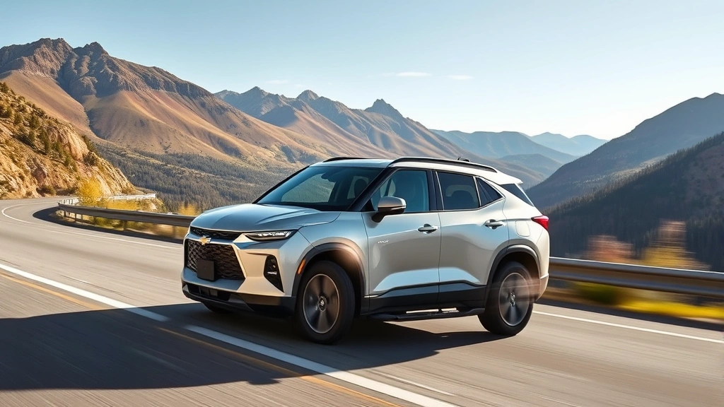 Chevrolet Blazer EV silver three-row electric crossover SUV driving on mountain highway with scenic valley landscape, dynamic motion shot