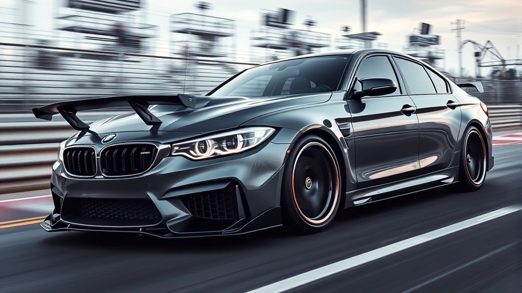 High-performance turbocharged sedan accelerating on track, motion blur background, aggressive stance with lowered suspension visible