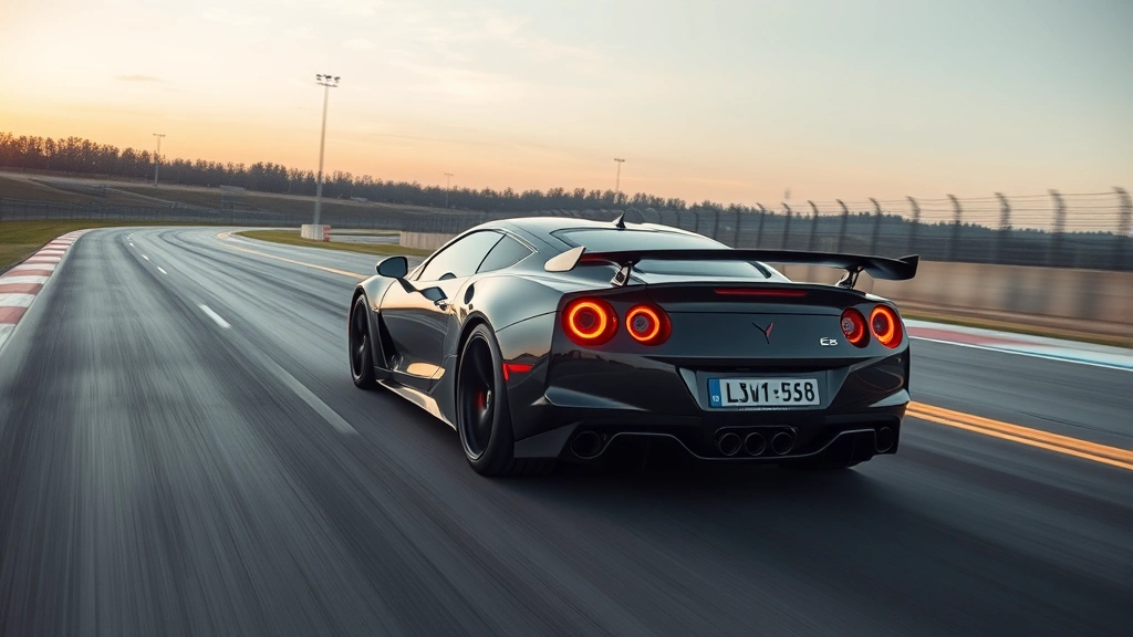 High-performance sports car accelerating on empty race track, dynamic motion blur, aggressive stance, professional sports car photography