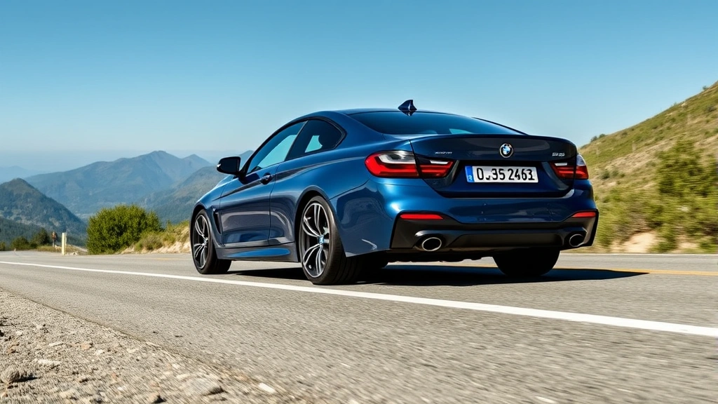 High-quality image of BMW M440i xDrive luxury sedan photographed from three-quarter angle on mountain road, showcasing German engineering and premium design elements, natural daylight