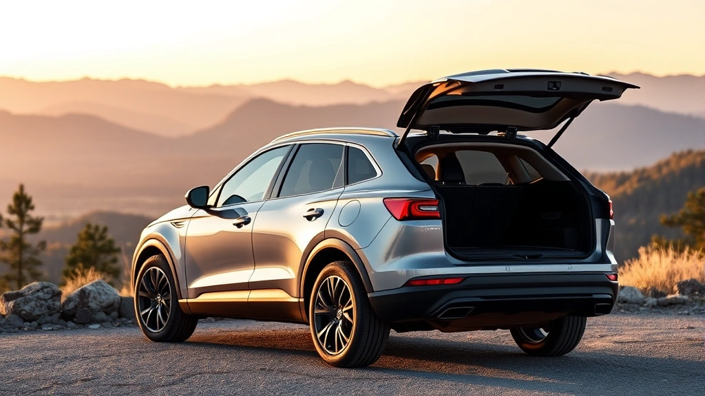 Modern crossover SUV parked at scenic overlook with mountains in background, showcasing spacious cargo area and sleek design lines, golden hour lighting