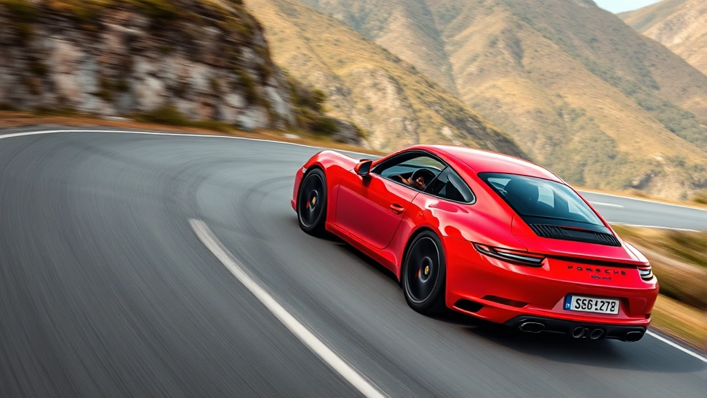 Vibrant red Porsche 911 Carrera sports car captured mid-cornering on mountain road with blurred landscape background, dynamic motion photography, showcasing performance capability and aerodynamic design