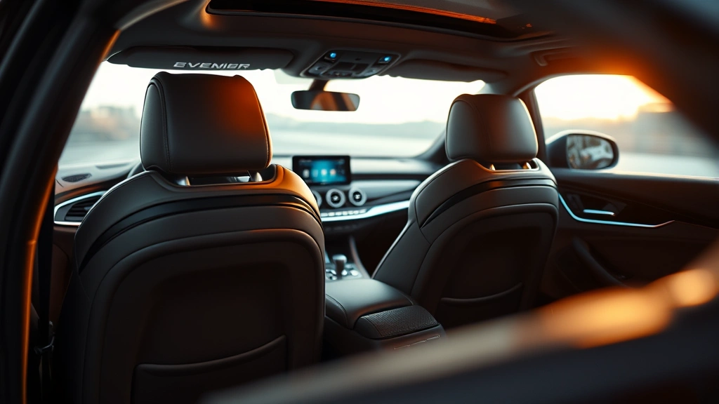 Luxury sedan interior detail showing premium leather seats, ambient lighting, modern dashboard technology, soft focus background, upscale materials