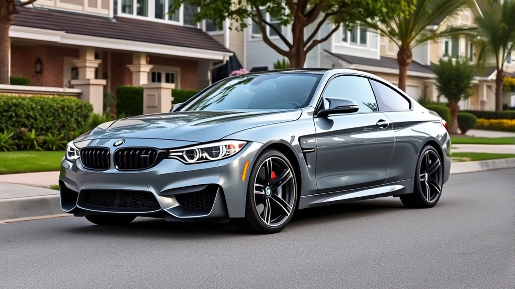 BMW M440i xDrive luxury sedan parked on upscale residential street showing turbocharged performance styling, premium aesthetic, professional automotive photography