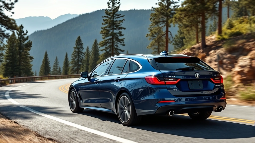 Dynamic midsize sedan in deep blue driving on winding mountain road with pine forests, showcasing handling and road presence in daylight