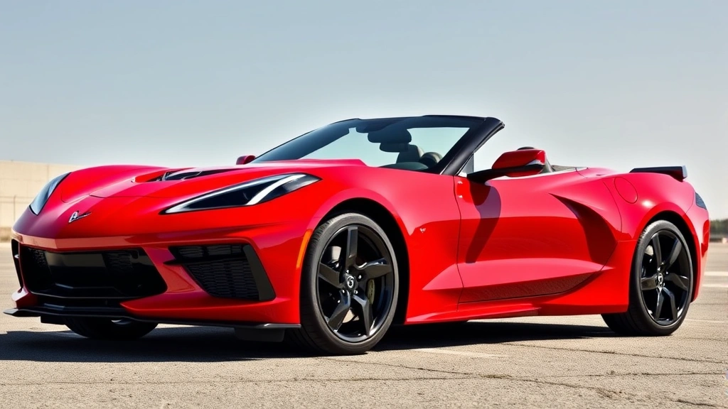 Chevrolet Corvette C8 mid-engine sports car in bright red, photographed from three-quarter angle showcasing muscular body lines and distinctive proportions on sunny day