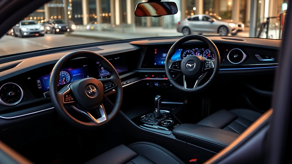 Luxury sedan interior dashboard and steering wheel, premium leather seats, modern infotainment screen, ambient lighting, high-end automotive cabin, close-up professional detail shot