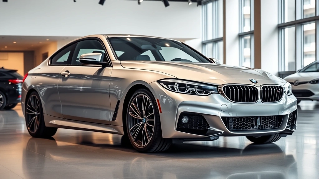 Sleek silver BMW M440i xDrive parked in modern luxury dealership showroom, professional studio lighting, premium aesthetic, clean composition