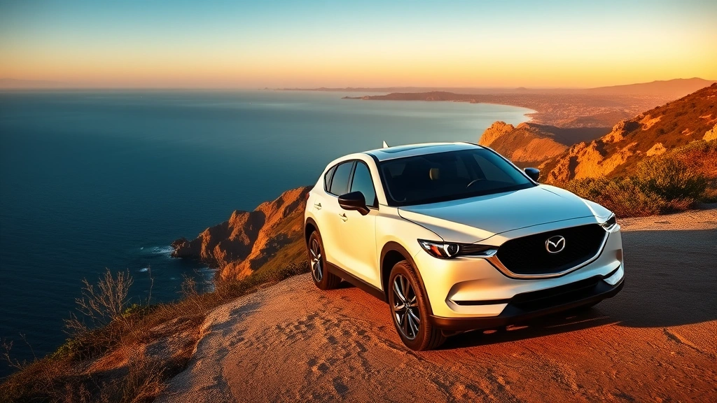 2024 Mazda CX-5 white compact SUV parked on coastal cliff overlook with ocean horizon visible in background, golden hour sunset lighting and clear blue sky