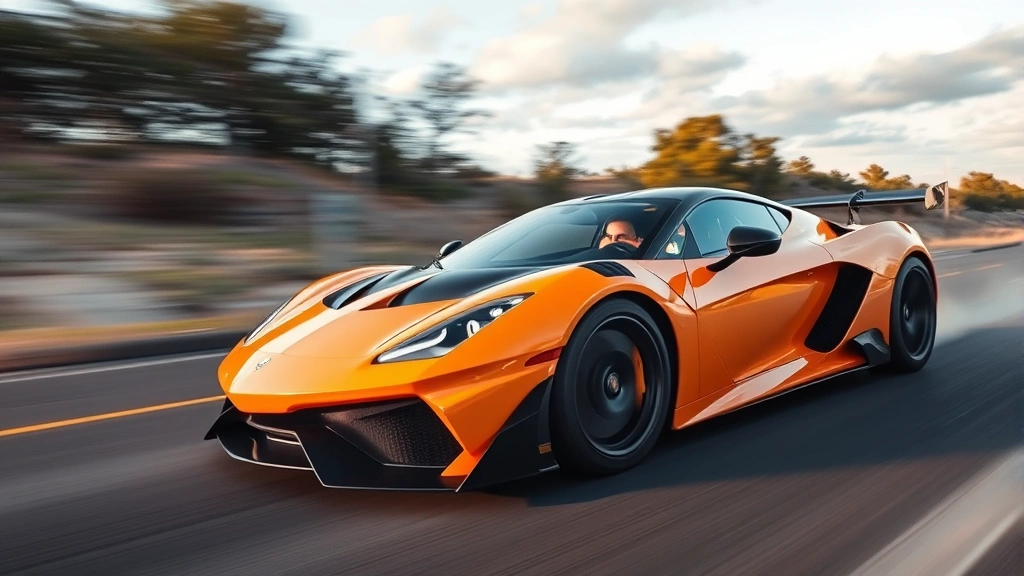 High-performance sports car accelerating on open highway, dynamic motion blur background, vibrant natural lighting, professional motorsport photography style