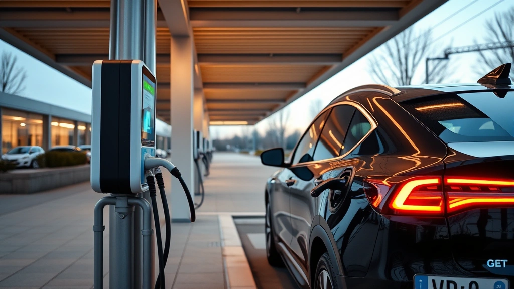 Advanced electric vehicle charging at modern infrastructure station with contemporary architecture, showcasing charging cable connection and LED indicators