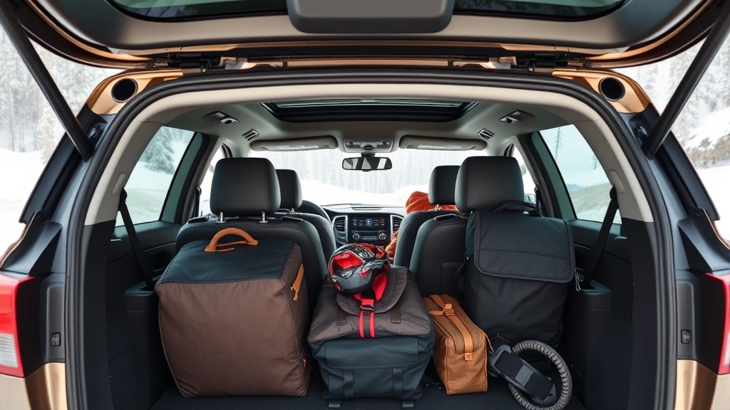 Three-row SUV family vehicle loaded with luggage and sports equipment on roof rack, spacious interior visible, modern design