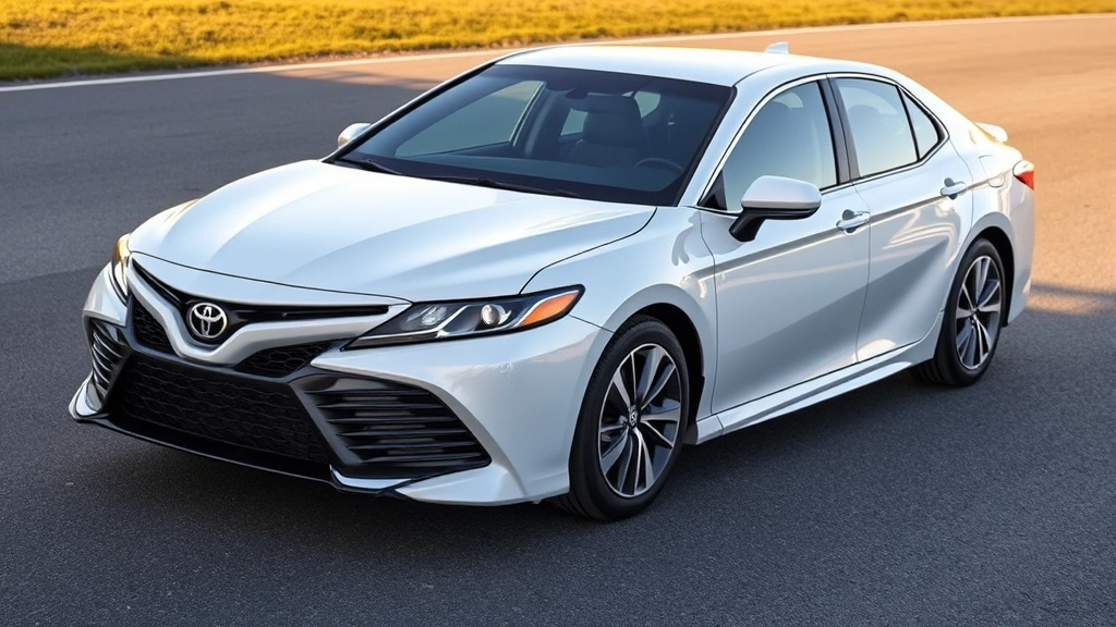 2024 Toyota Camry hybrid sedan in pearl white color, side profile view on smooth asphalt, demonstrating sleek proportions and contemporary styling under natural daylight