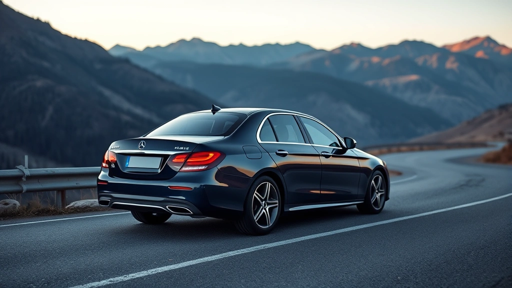 Luxurious Mercedes-Benz E-Class sedan in midnight blue shown from side profile on winding mountain road with scenic landscape backdrop, premium automotive lighting
