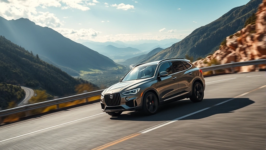 Luxury SUV navigating mountain road with scenic valley backdrop, dynamic driving angle, premium paint finish gleaming, professional automotive imagery