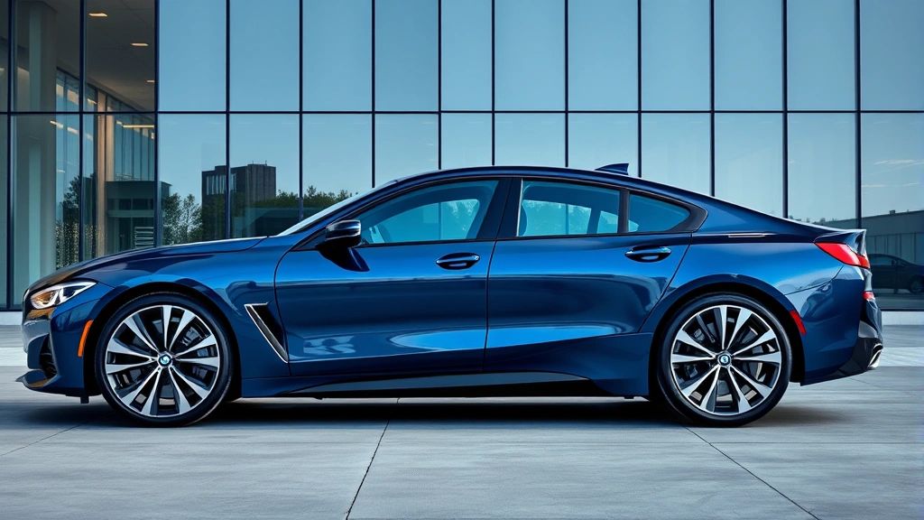 2024 BMW i7 luxury sedan in midnight blue metallic, side profile view, modern glass building reflecting in glossy paint, elegant proportions and premium design language visible