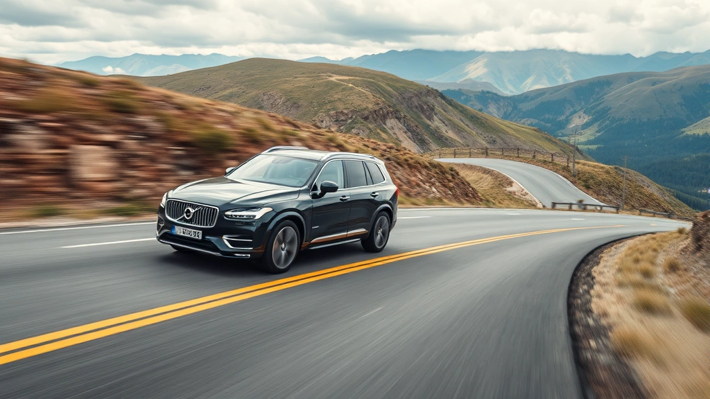 Luxury SUV driving on winding mountain road with scenic landscape, dynamic motion shot, professional quality, natural lighting conditions, no visible text