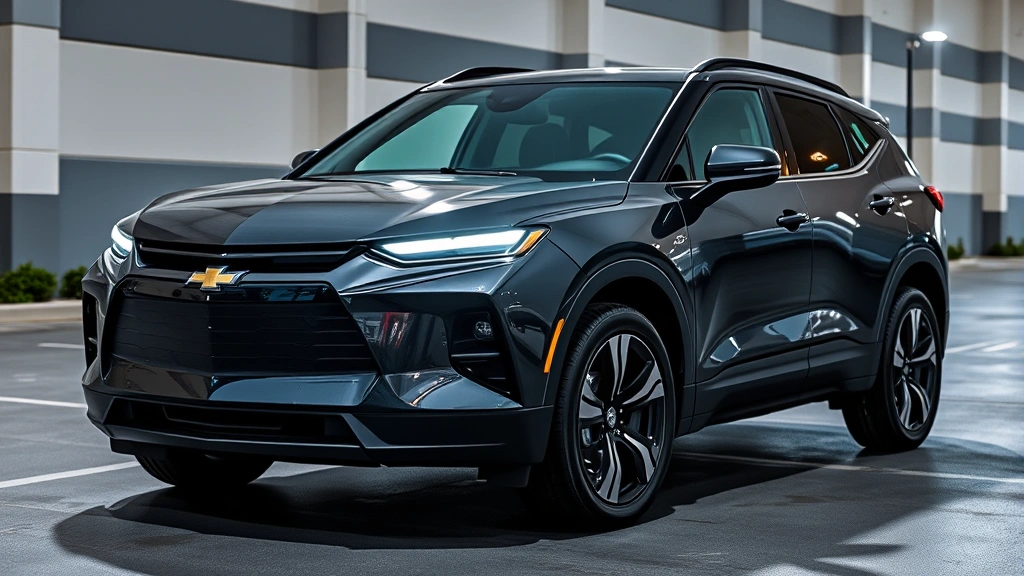 Chevrolet Blazer EV parked in premium setting with aggressive styling, dual headlights, muscular stance, professional lighting