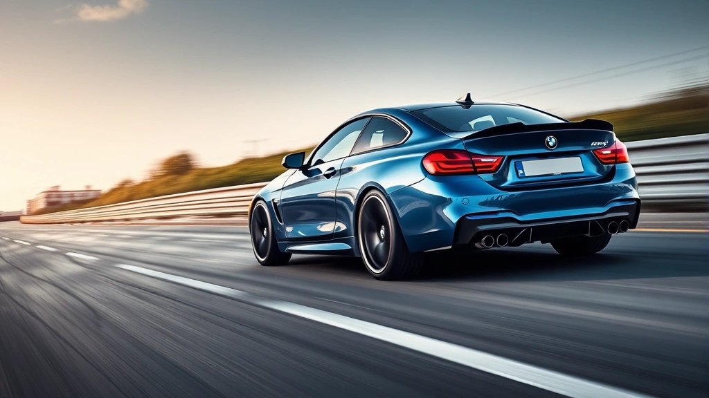 Aggressive blue BMW M440i xDrive with M-Sport styling kit on dynamic road, motion blur background, professional automotive lighting highlighting muscular body lines