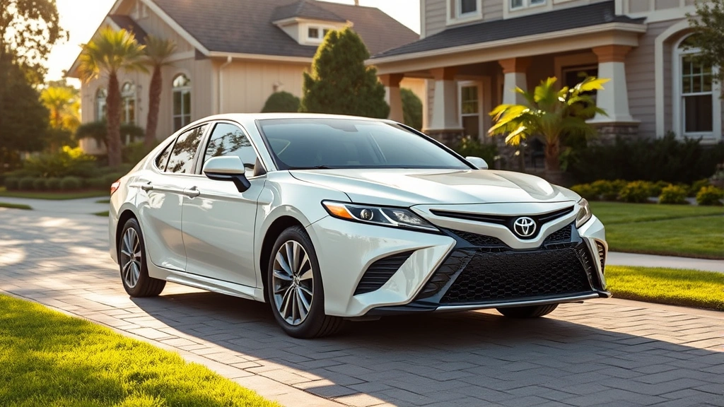 2024 Toyota Camry hybrid sedan front three-quarter view, pearl white paint, elegant modern design, chrome accents, 18-inch wheels, parked near residential home with green landscaping, warm afternoon sunlight, clean professional photograph