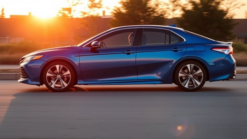 2024 Toyota Camry sedan in bold blue metallic paint, captured from side profile during golden hour lighting, emphasizing sleek body lines and contemporary styling with premium wheels visible