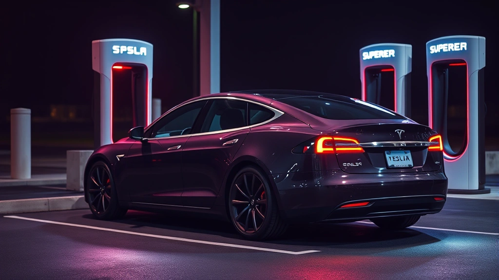 Tesla Model S Plaid electric sedan charging at Supercharger station, sleek tri-motor performance EV with futuristic design, dramatic lighting highlighting aerodynamic curves, automotive showcase photography