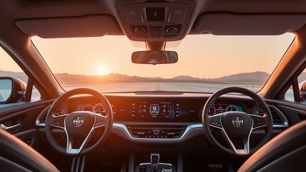 Luxury car interior dashboard with large digital display, premium materials, ambient lighting, showing advanced infotainment system